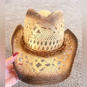 Woven Straw Cowboy Hat with Brown Trim
